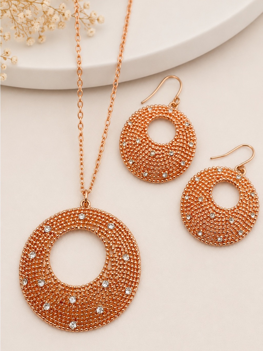 Alfani Pavé Disc Pendant Necklace in Rose Gold. Statement Necklace Set.